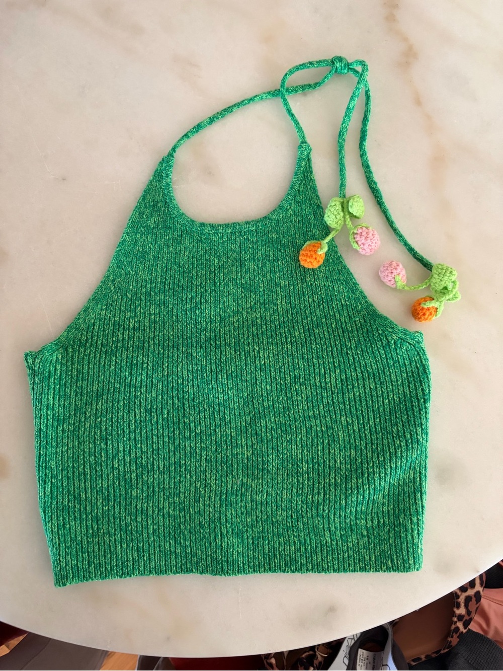 Cider Green Marled Knit Fabric with adorable crocheted fruit🍓